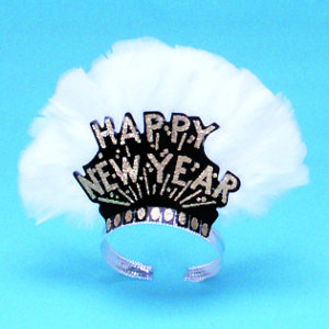 Deluxe Black Happy New Year Tiara w/Gold Glitter & White Feathers