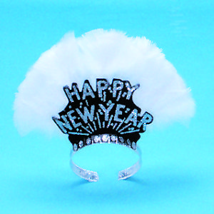 Deluxe Black Happy New Year Tiara w/Silver Glitter & White Feathers