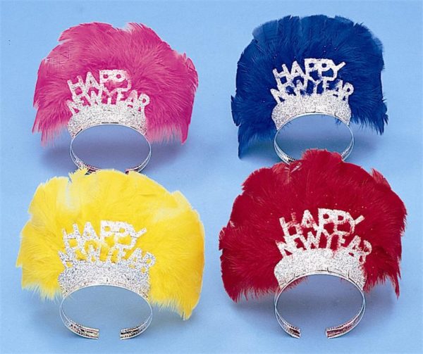 Deluxe Glittered Happy New Year w/Assorted Color Feathers