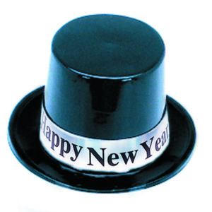 Black Top Hat with Silver Foil Happy New Year Band