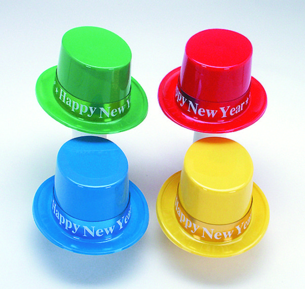 Plastic Happy New Year Top Hat with Foil Band