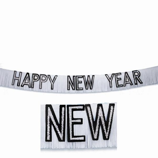 Black Glittered Happy New Year Banner Fringe